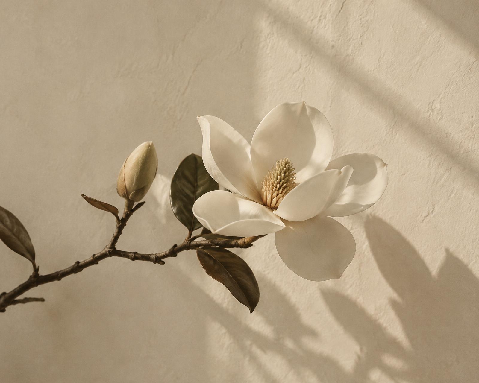 Flor de magnólia branca em galho, contra parede de textura mineral em tom marfim